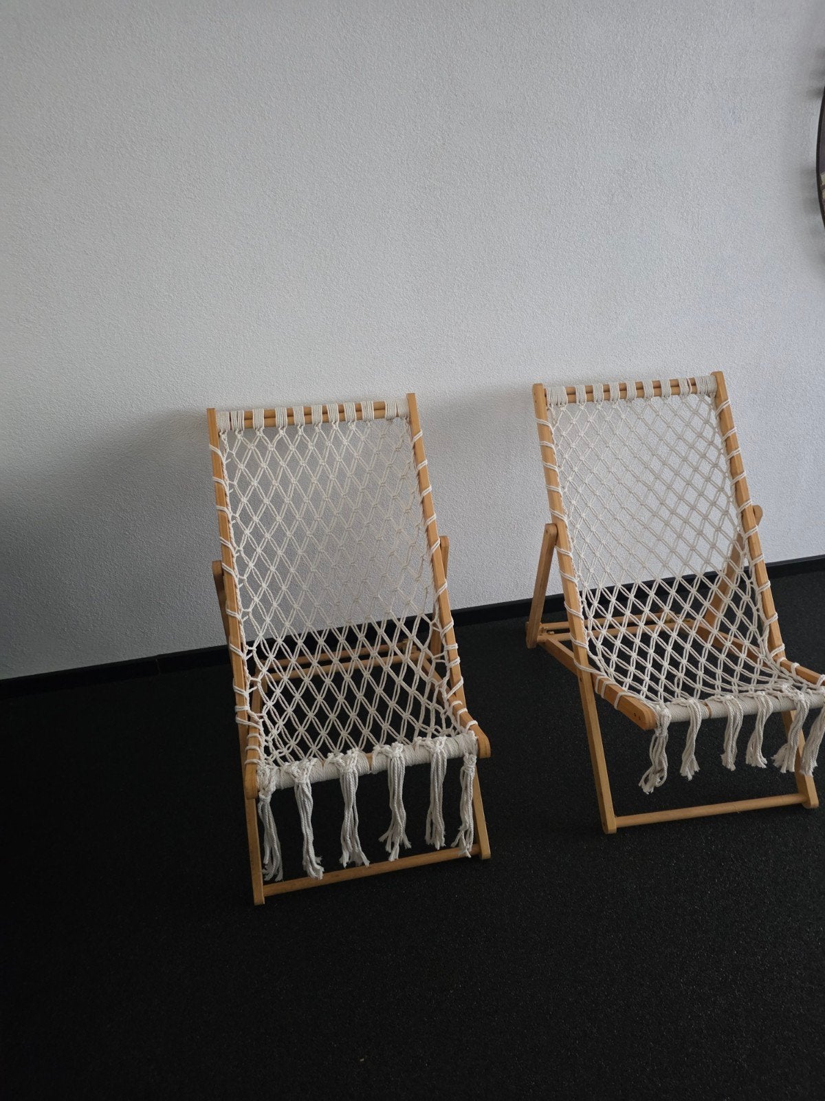Houten strandstoel met macramé zitting, Bohemian, Strand, Casual, Wit, Ophalen of Verzenden, Zo goed als nieuw