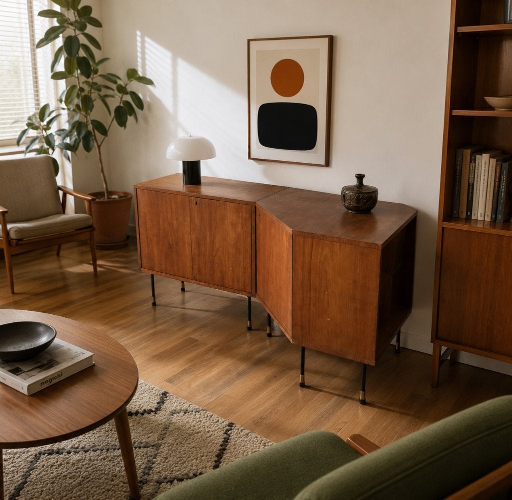 Vintage Teak Mid-century Hoekdressoir, Huis en Inrichting, Kasten | Dressoirs, Ophalen, 100 tot 150 cm, Teakhout, 25 tot 50 cm