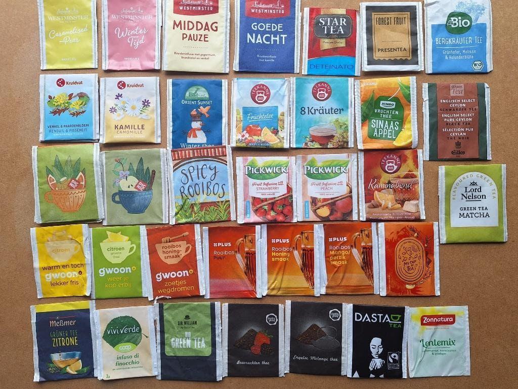 Theezakjes, 9 foto's vol verschillende unieke, Ophalen of Verzenden, Theezakje(s), Vol