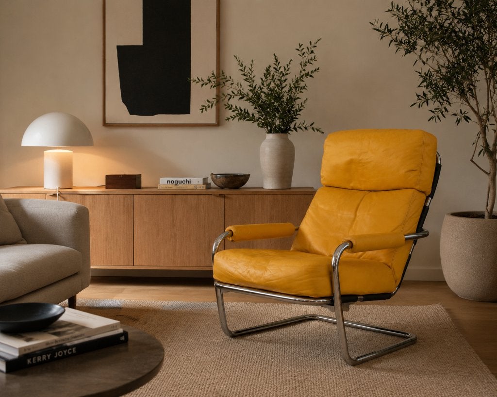 Jan de Bouvrie meneer Obermann fauteuil in Geel leer, Ophalen, 75 tot 100 cm, Zo goed als nieuw, Modern Tijdloos Vintage klassiek industrieel