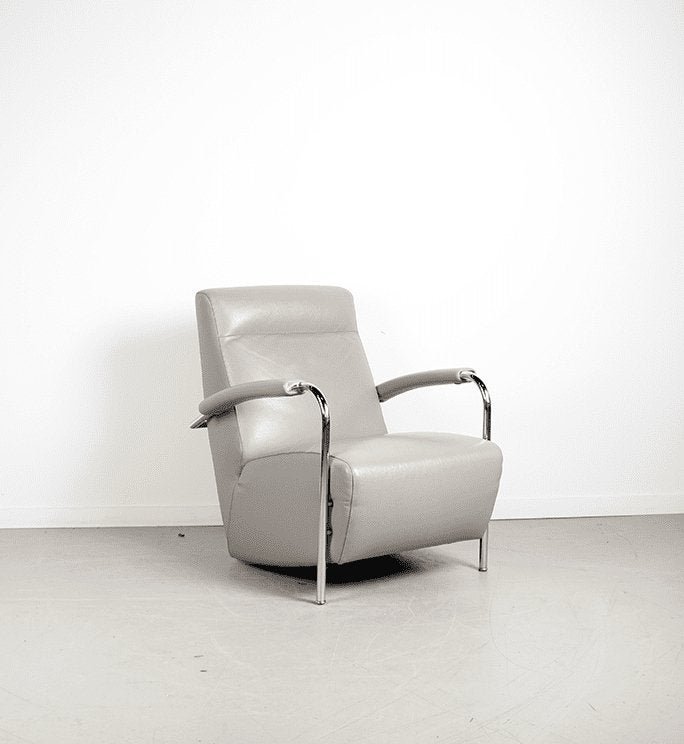Leolux Scylla Hoog Fauteuil Grijs Leer - Chroom, Huis en Inrichting, Niet ingevuld, Leolux, Niet ingevuld, 75 tot 100 cm