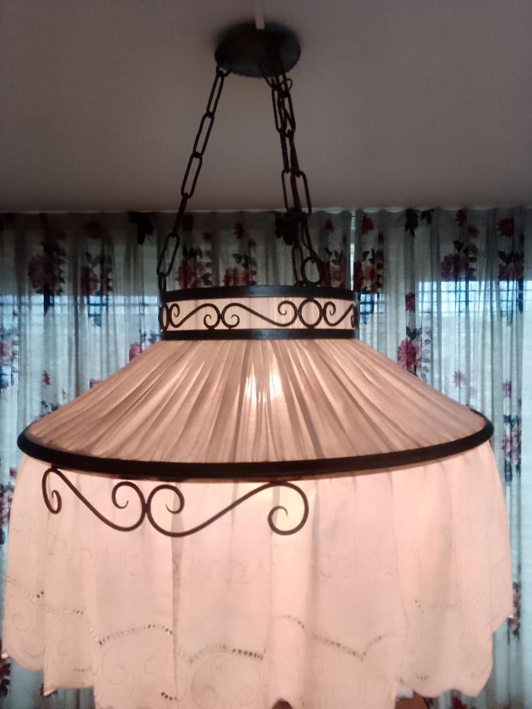 Hanglamp vintage, brons met stoffen kap met kantwerk, Ophalen, Gebruikt, Stof, 75 cm of meer