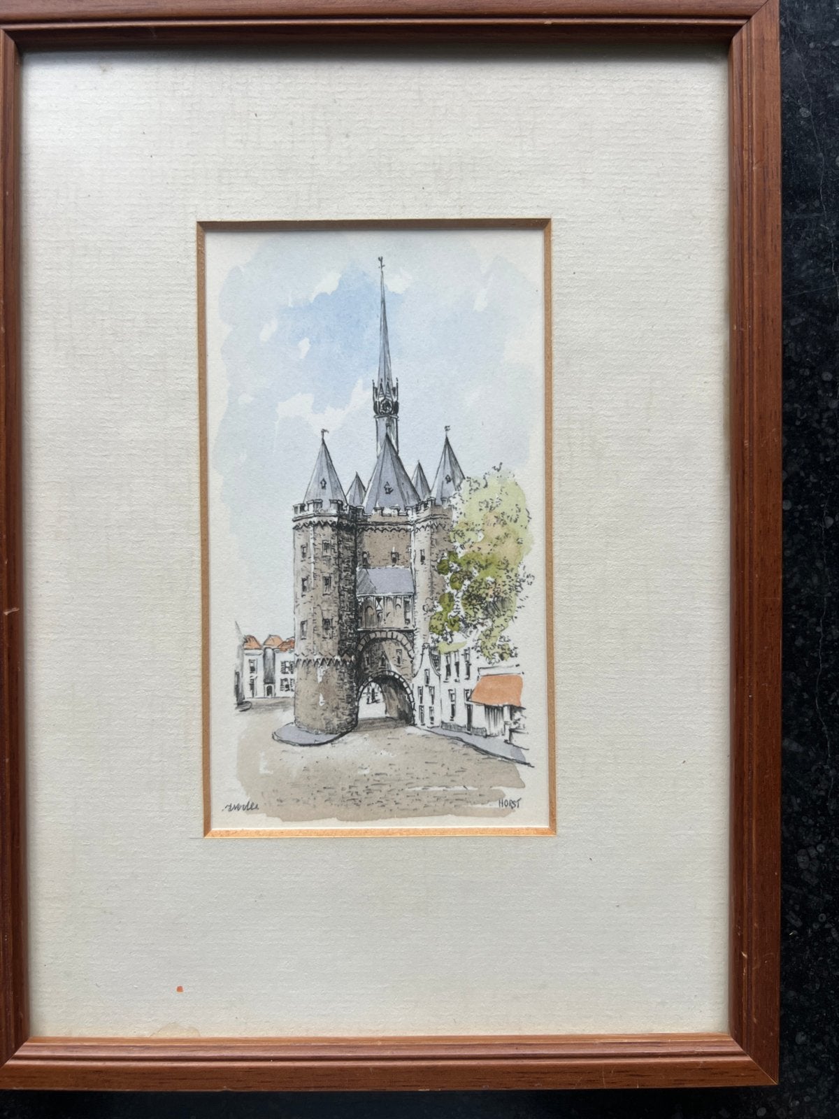 Sassenpoort Zwolle - Ingelijste tekening, Ophalen of Verzenden, Tekening, Aquarel, Ingelijst