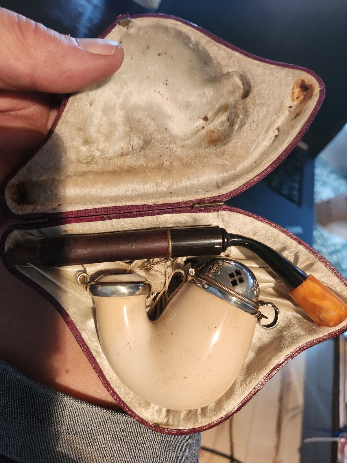 Antieke Meerschuim Pijp met Zilveren Montuur in Etui, Ophalen of Verzenden
