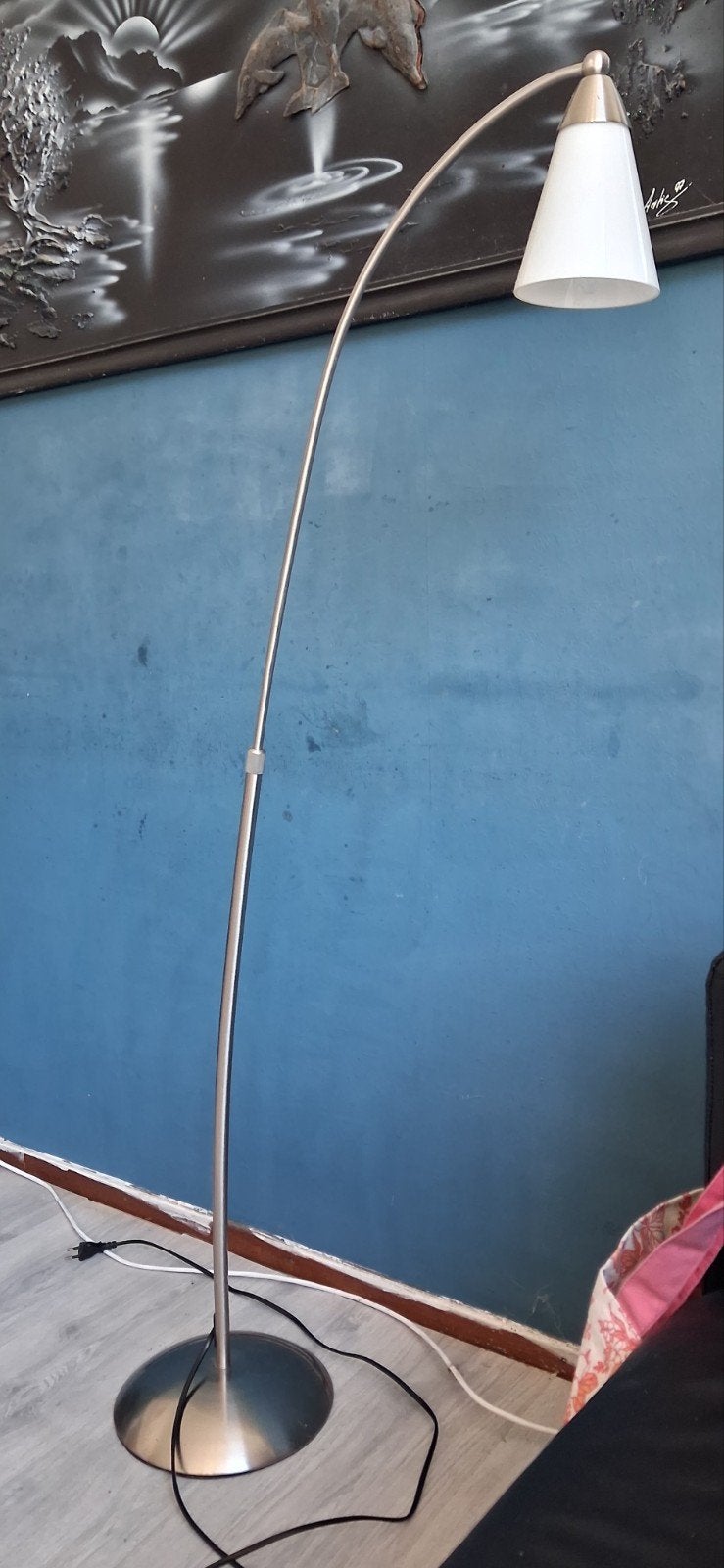 2x Booglamp Vloerlamp met Witte Kap, Ophalen, Gebruikt, 100 tot 150 cm, E14 (klein)