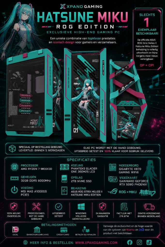 Unieke Hatsune Miku ROG Edition |Ryzen 7 9800X3D | RTX 5080, Computers en Software, Desktop Pc's, Ophalen, 64 GB of meer, Xpand Gaming