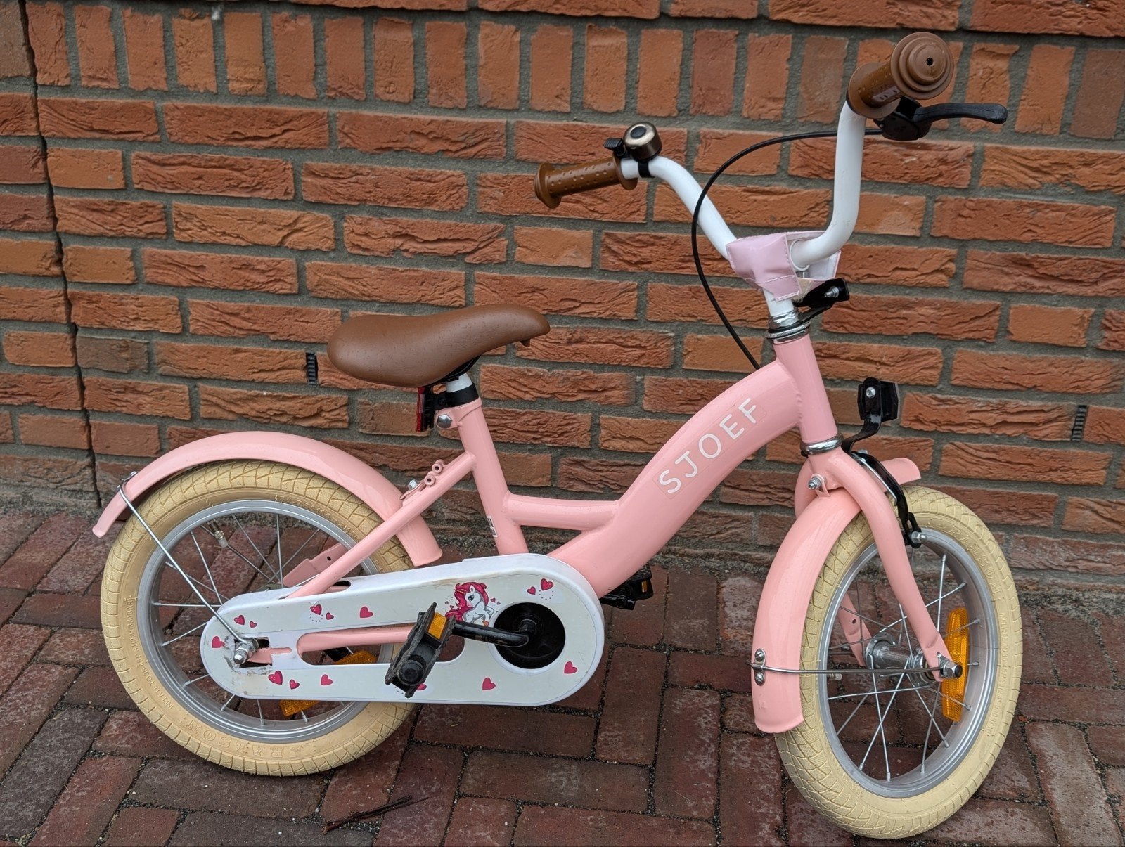 Sjoefie meisjesfiets 14inch roze met eenhoorns + zijwieltjes, Ophalen, Zo goed als nieuw, Minder dan 16 inch, Zijwieltjes