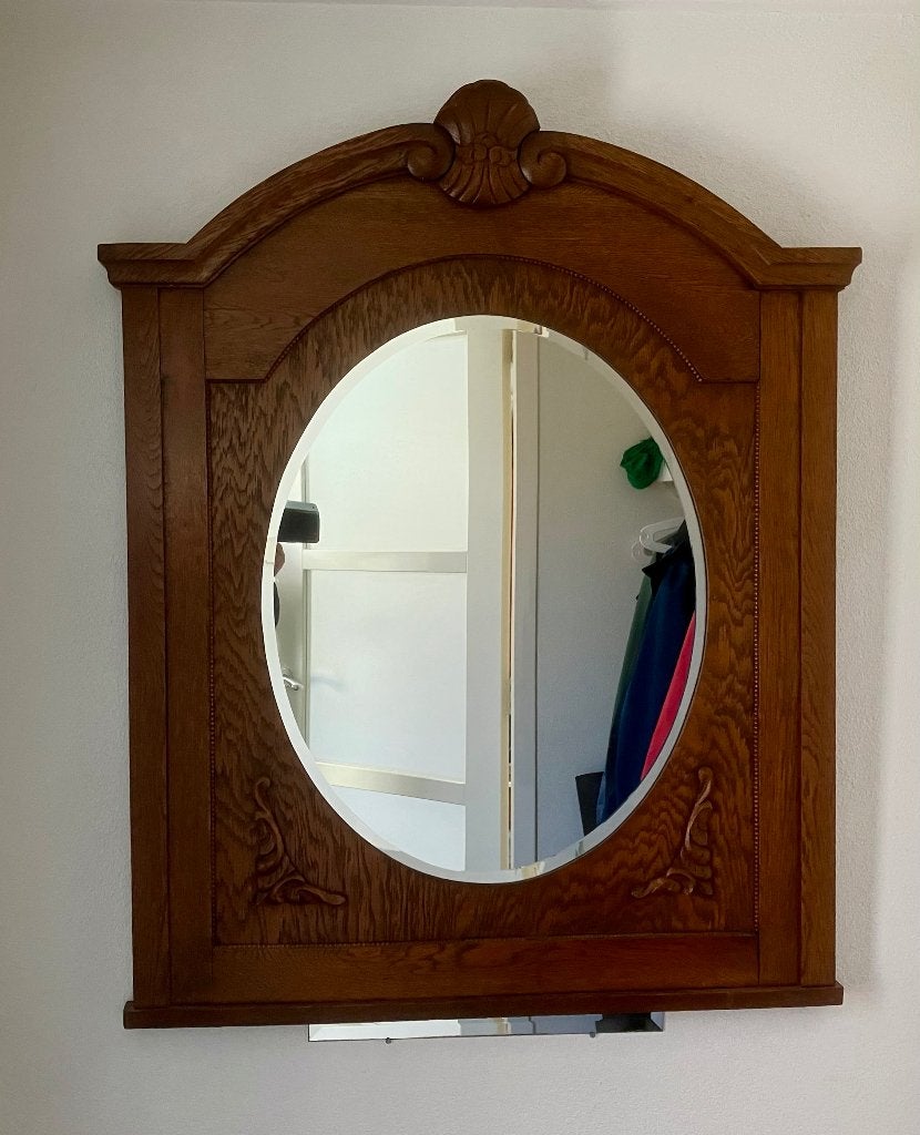 antieke spiegel eiken 110x88cm glas ovaal 71x56 cm, Ophalen, Ovaal, 50 tot 100 cm, 100 tot 150 cm