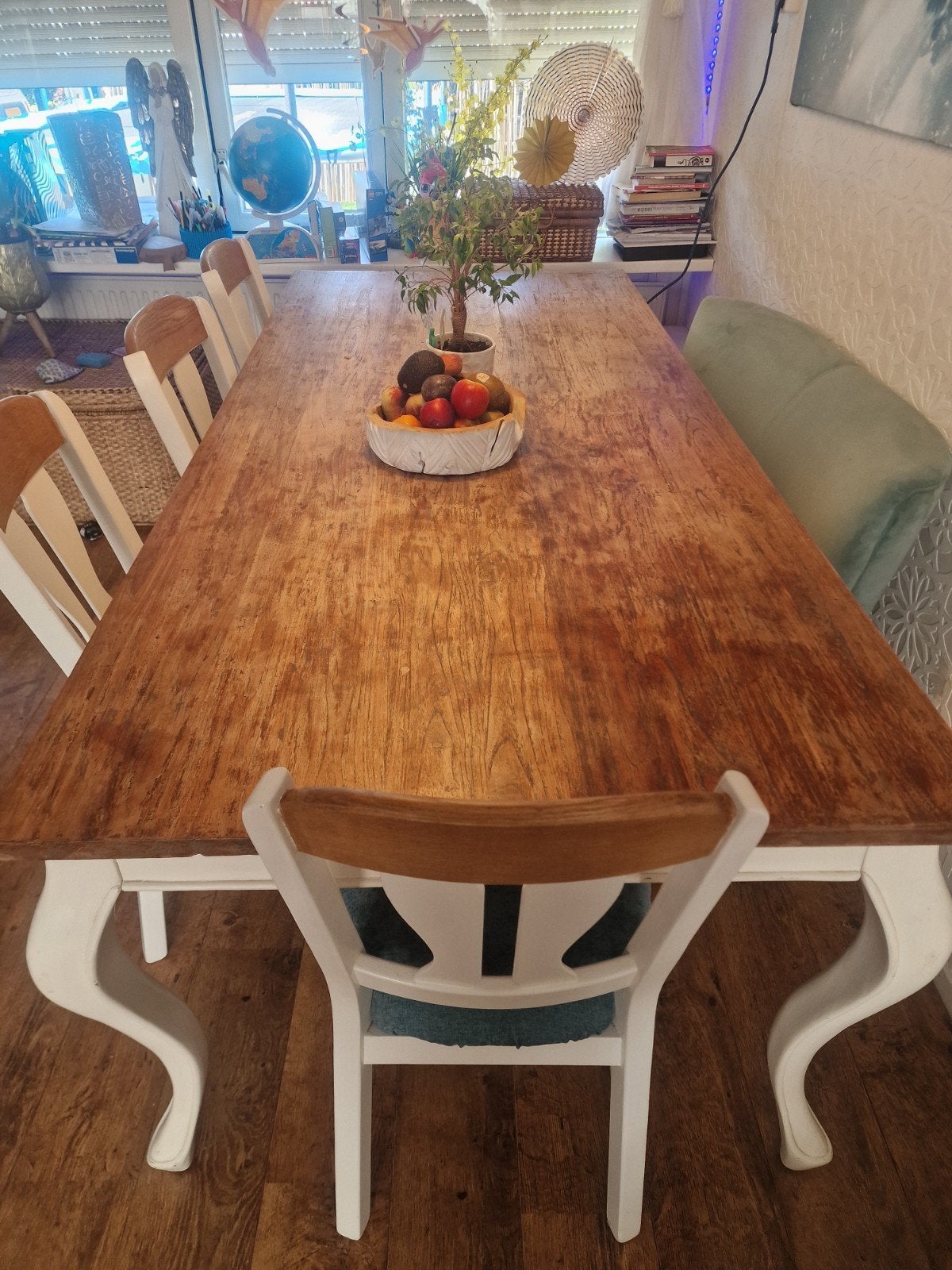 Houten eettafel 220x90 cm (eventueel met 4 stoelen), Gebruikt, 200 cm of meer, Vijf personen of meer, Rechthoekig