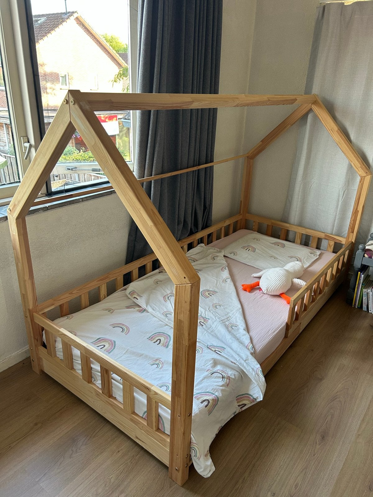 Bedhuisje van de Gele Flamingo - Montessori Vloerbed, Ophalen, 85 tot 100 cm, Gebruikt, Lattenbodem