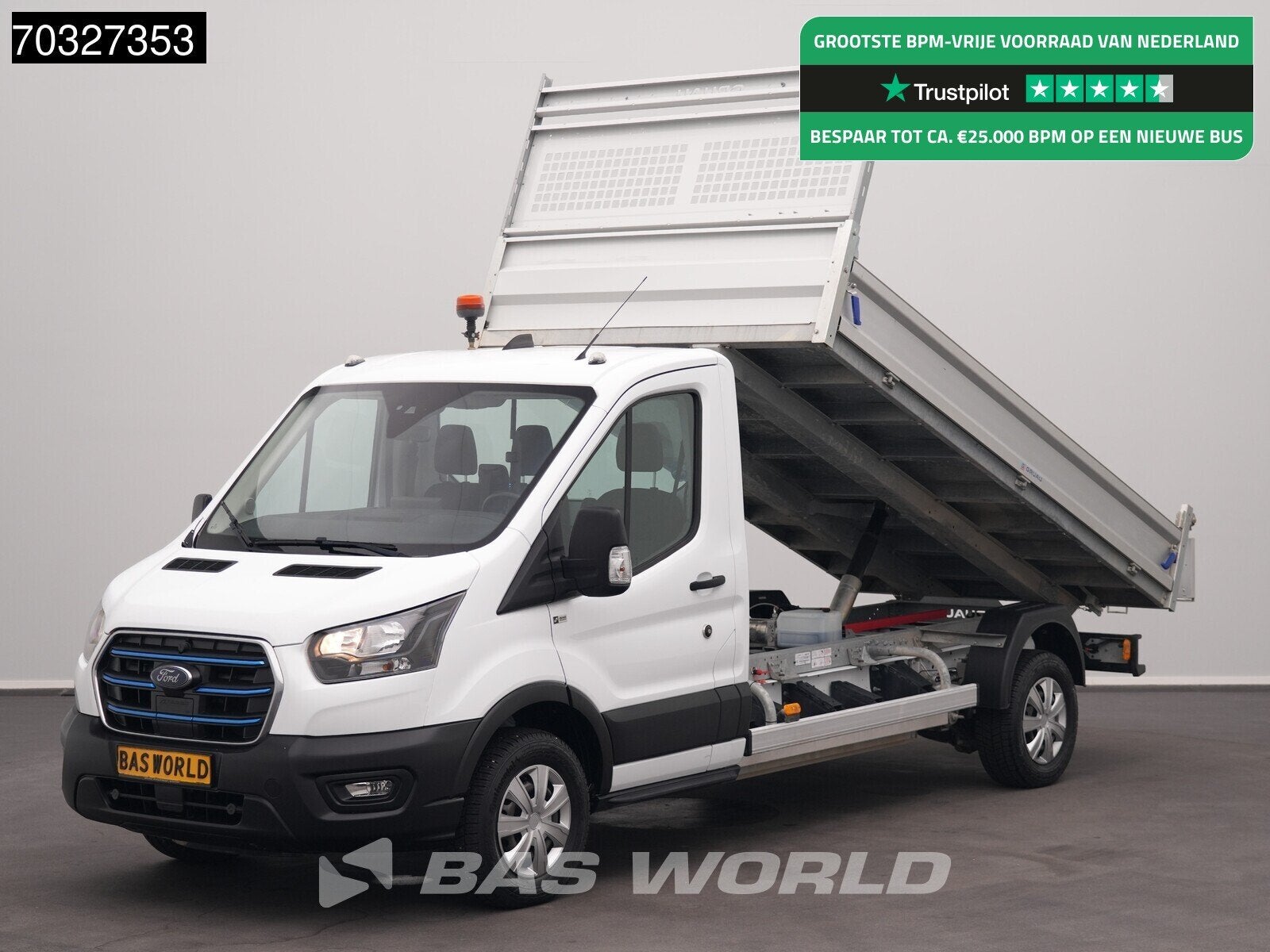 Ford e-Transit 184pk Elektrisch 68kWh 310km WLTP Kipper Airc, Stof, Gebruikt, Wit, 184 pk