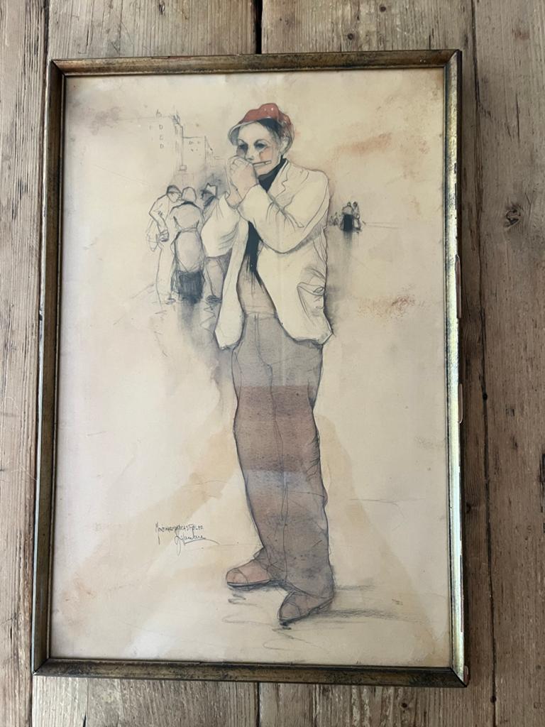 Vintage Tekening: Man met Mondharmonica, Antiek en Kunst, Ophalen