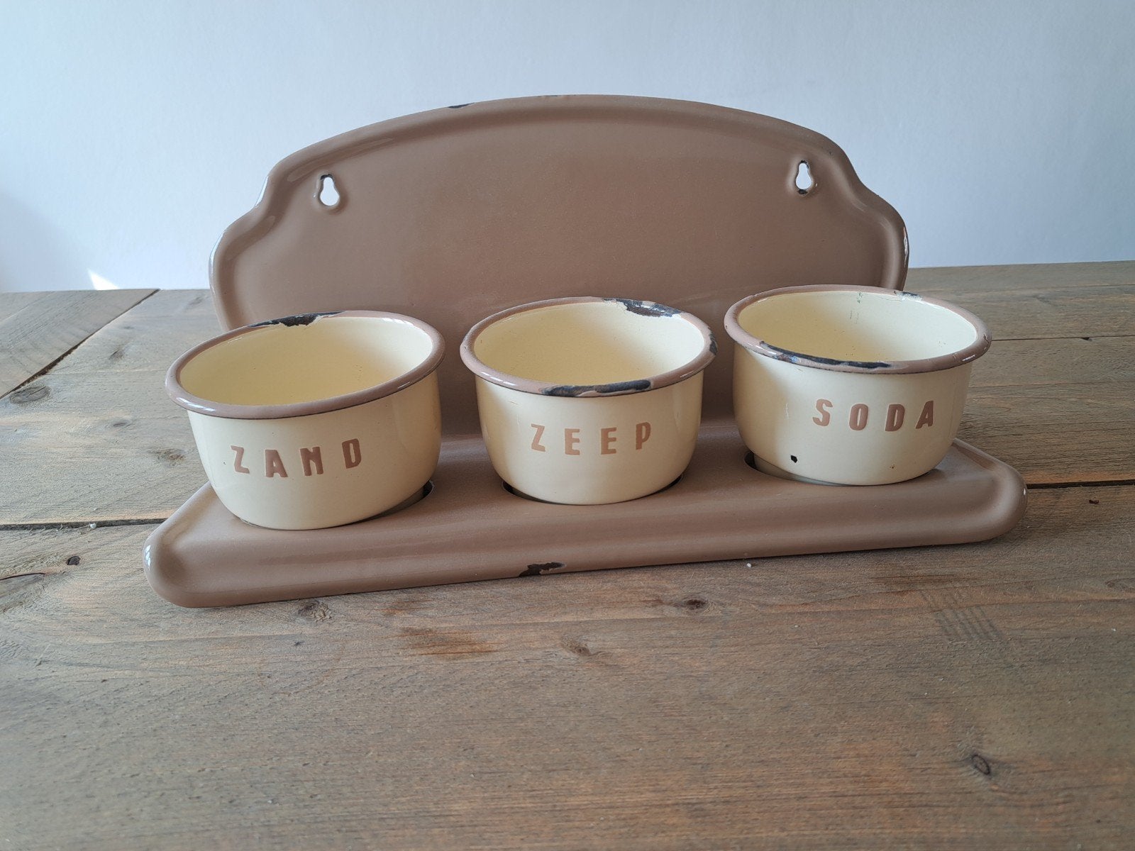 Vintage emaille zand, zeep, soda set, Ophalen of Verzenden