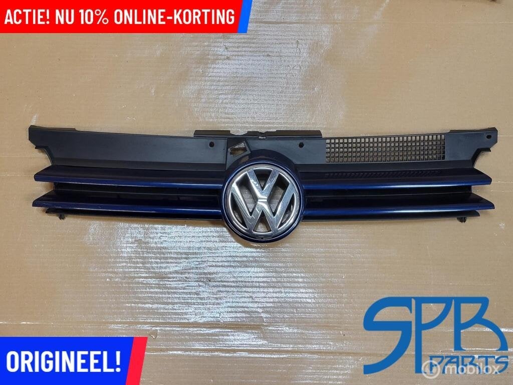 VW GOLF 4 IV GRILLE BLAUW METALLIC GRILL LOGO 1J0853655F ORG, Gebruikt, VOLKSWAGEN, Volkswagen, Ophalen of Verzenden
