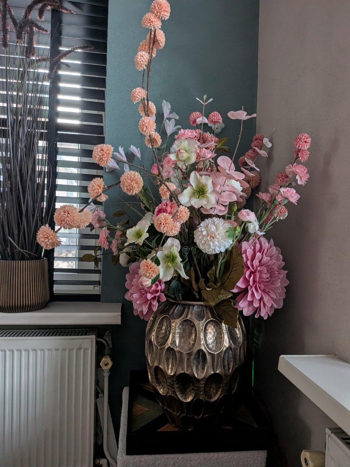 Luxe kunstboeket met roze & perzik bloemen + vaas, Ophalen, Binnen, ., Kunstbloem