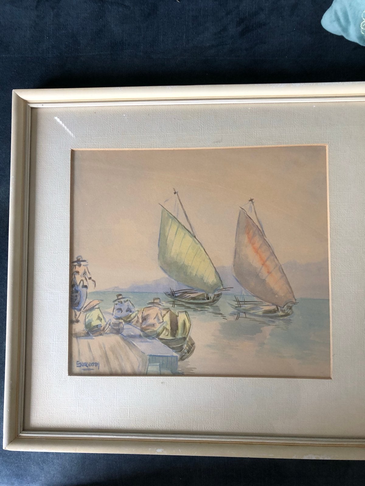 Aziatische aquarel jonken in de haven, Schilderij, Meerkleurig, Overige materialen, Ophalen of Verzenden