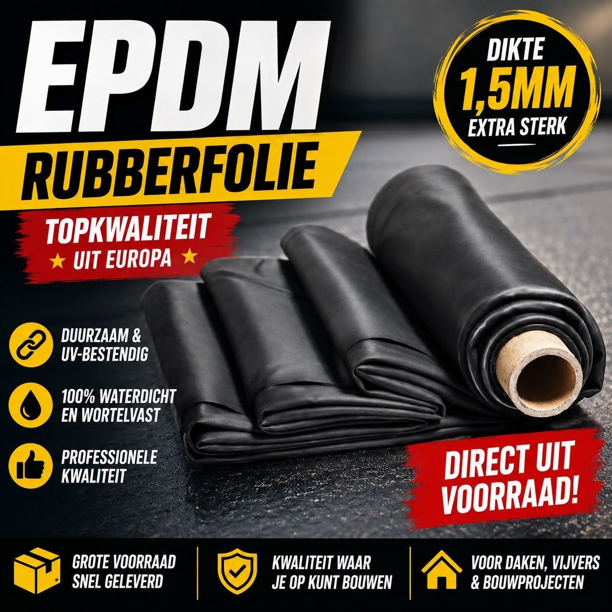 EPDM Rubberfolie uit 1 stuk | dikte 1,5mm | € 11 m² excl.btw, Ophalen, Overige materialen, Zwart, Nieuw