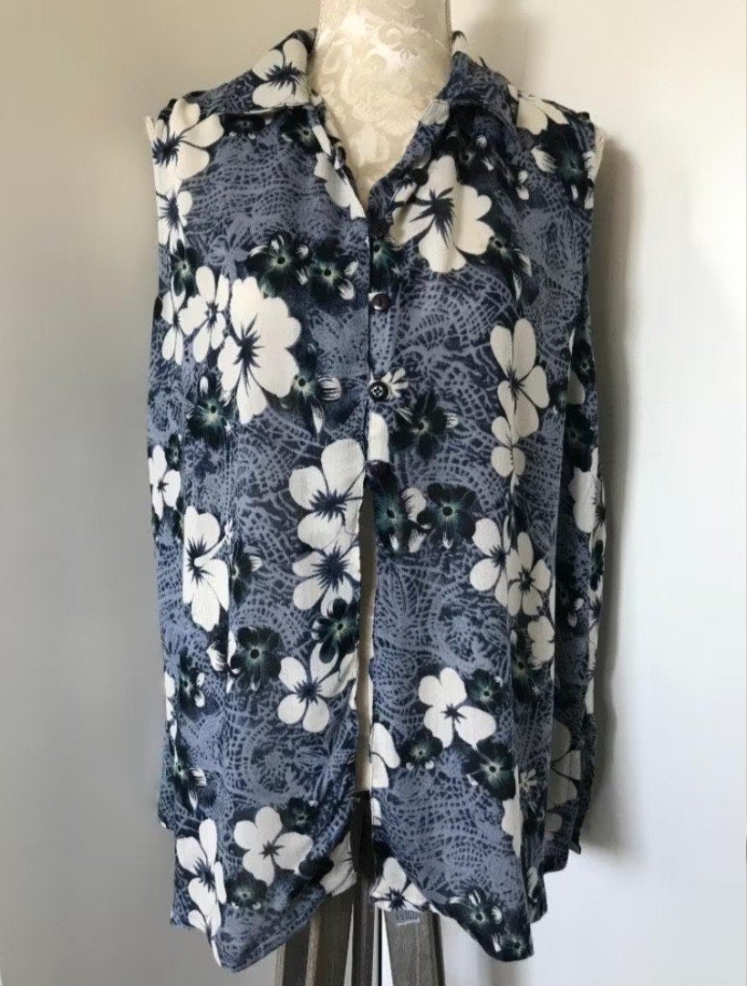 Mouwloze Gebloemde Blouse, Maat 38/40 (M), Blauw, Ophalen of Verzenden, Zo goed als nieuw