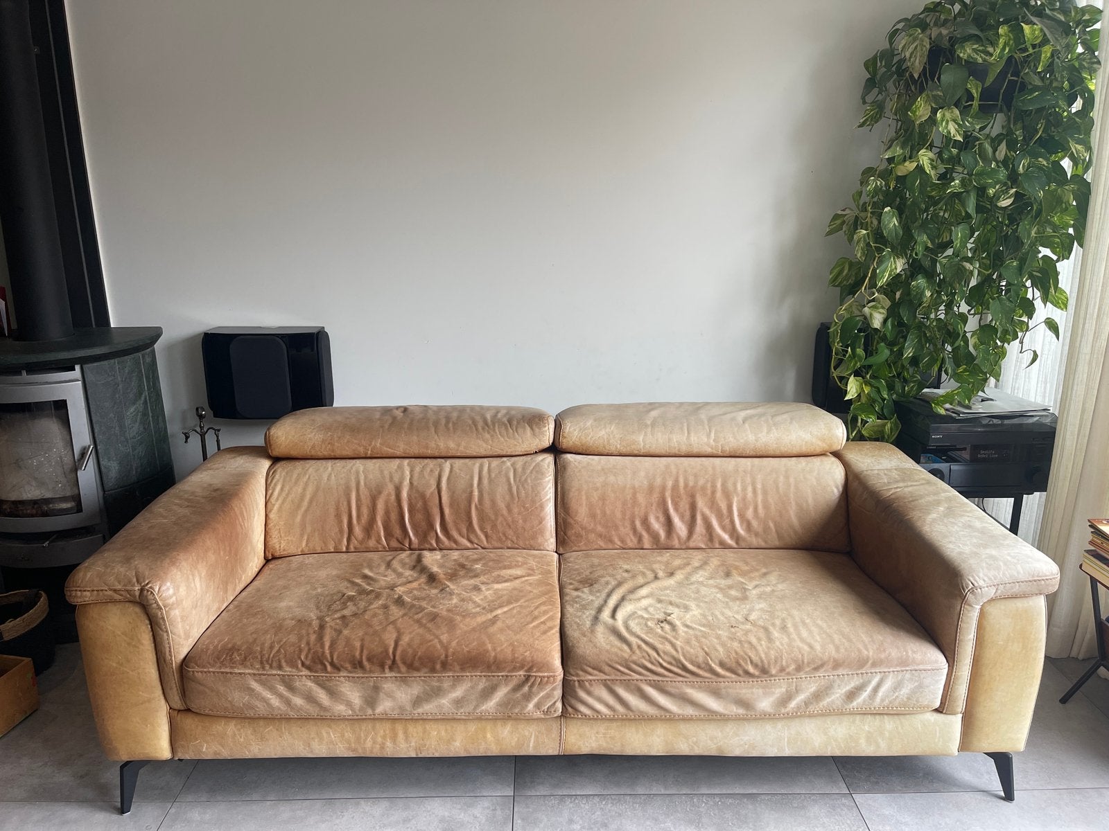 Gratis af te halen! Cognac leren 3 zits bank, Ophalen, Gebruikt, 75 tot 100 cm, 200 tot 250 cm