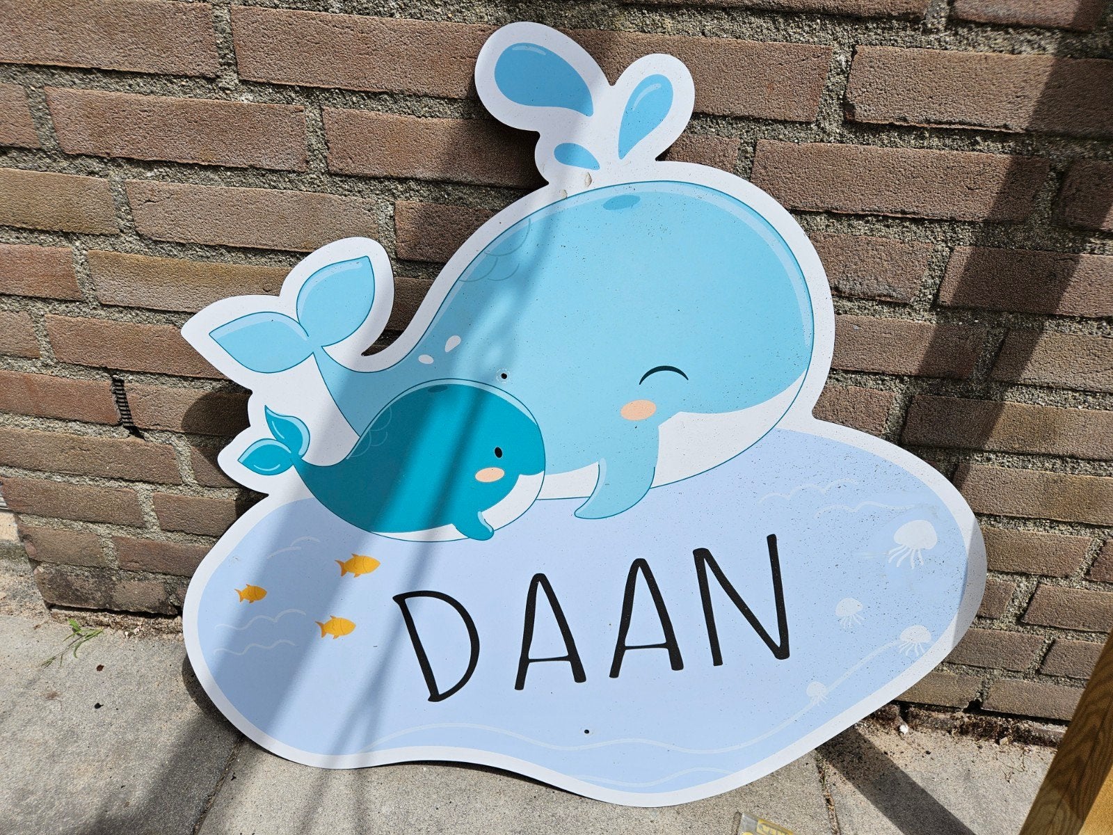 Geboortebord Daan Walvis met paal en bevestiging, Kinderen en Baby's, Kraamcadeaus en Geboorteborden, Ophalen, Gebruikt, Geboortebord