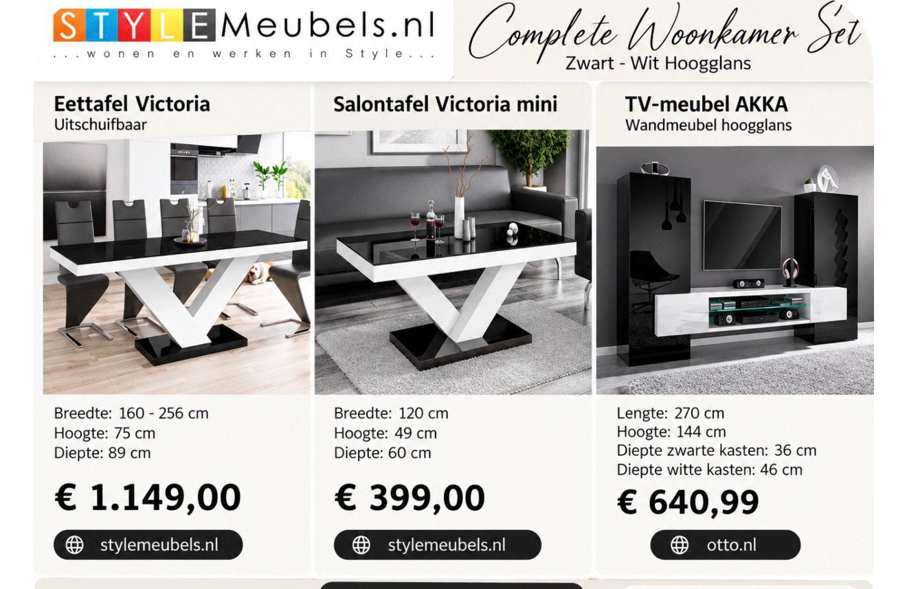 Zwart/wit hoogglans set: eettafel, salontafel & TV-meubel, Ophalen