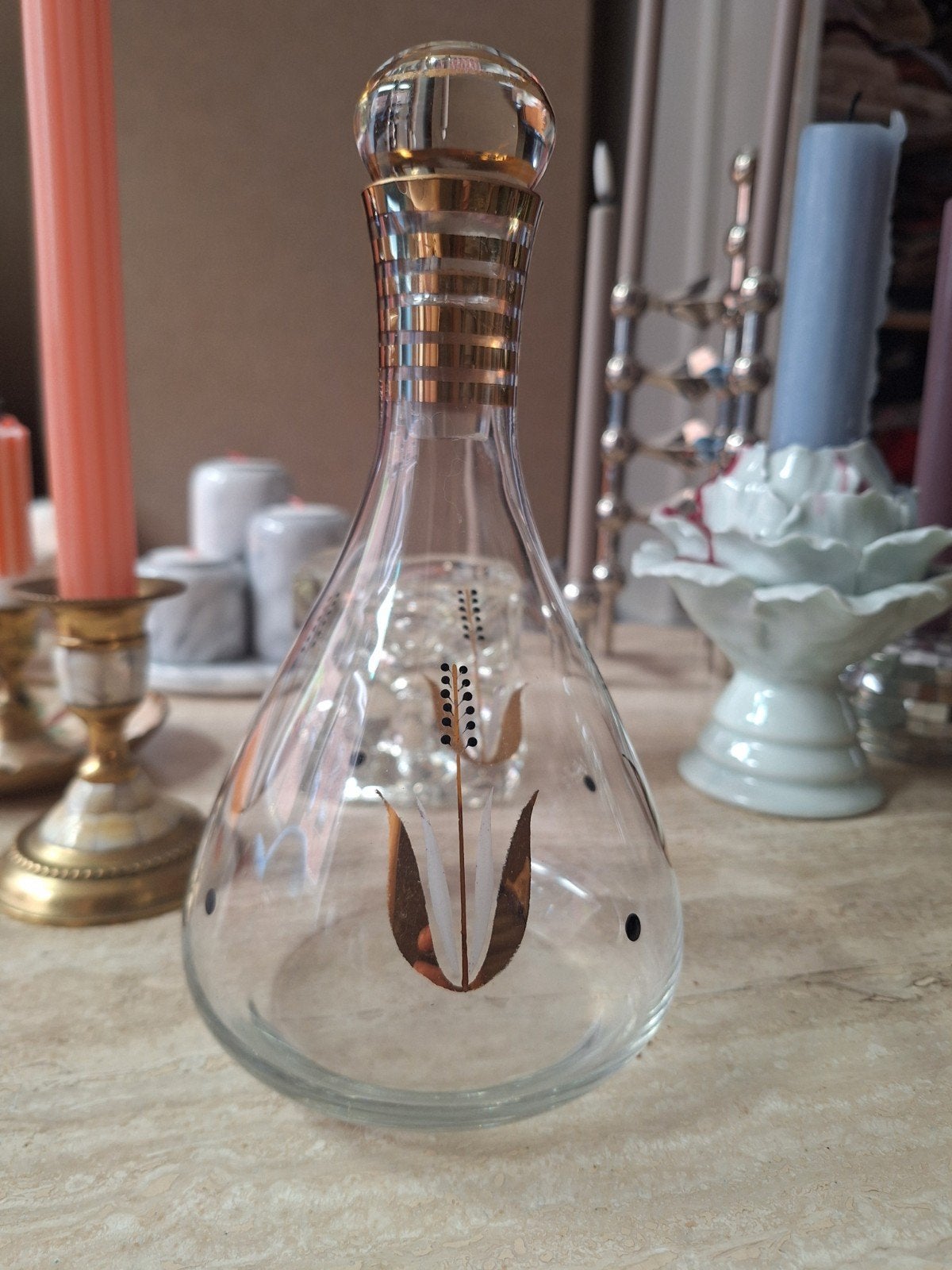 Vintage Glazen Karaf met Gouden Tekeningen, Ophalen of Verzenden