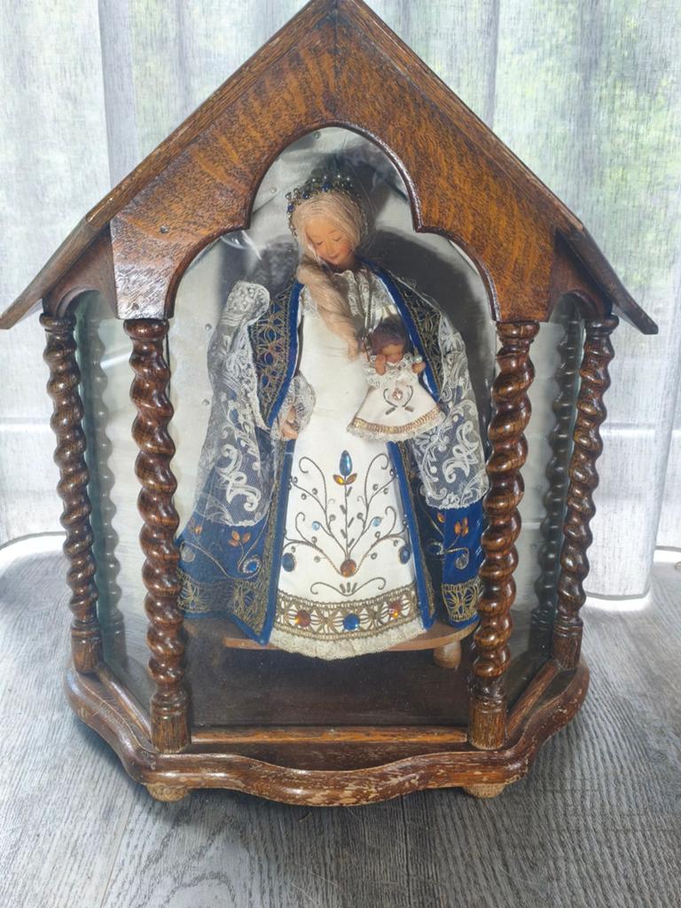 Vintage Maria Beeld in Houten Vitrinekastje, Ophalen