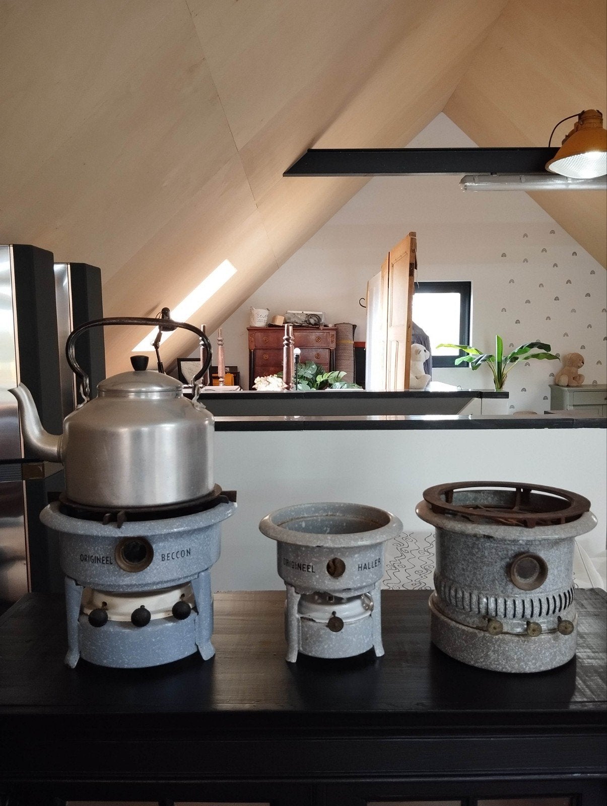 Set van 3 emaille petroleumstellen / vintage / grijs gewolkt, Antiek en Kunst, Antiek | Emaille, Ophalen of Verzenden