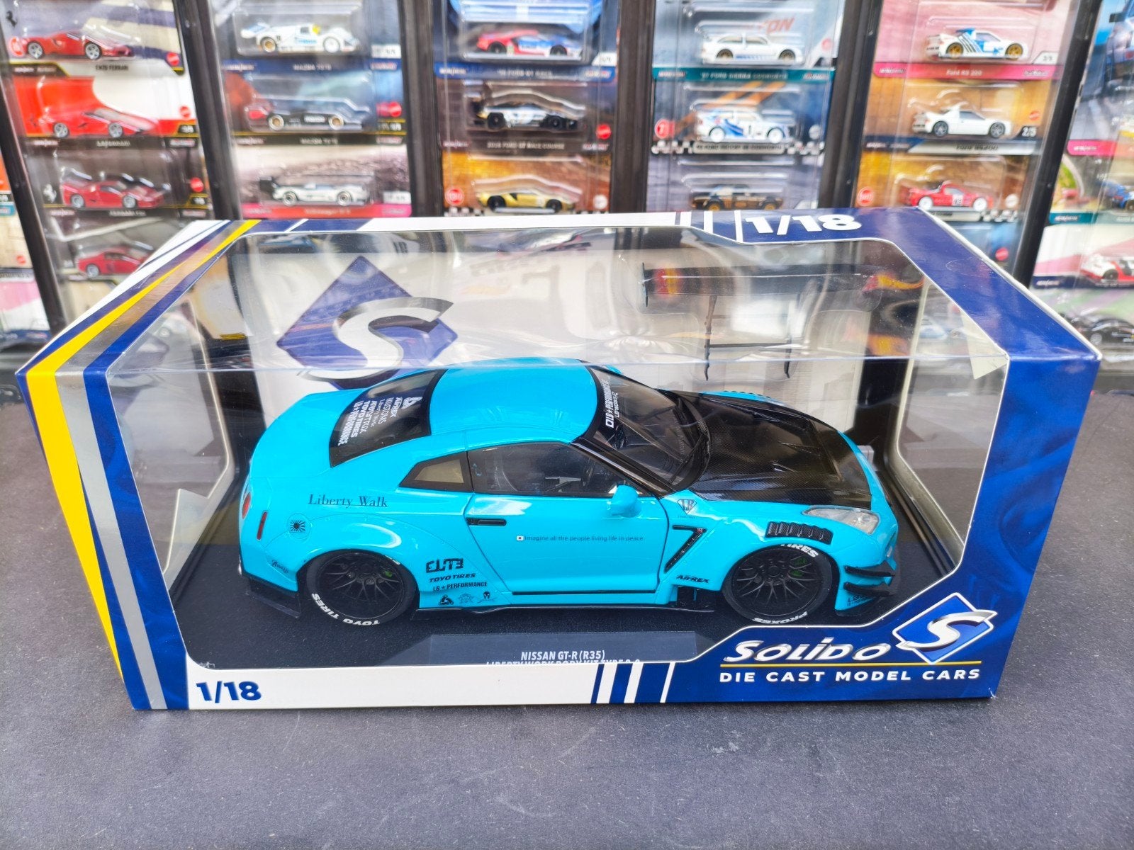Solido 1:18 Nissan R35 Liberty Walk - Blauw Diecast Model, Ophalen of Verzenden, Zo goed als nieuw, Auto, Solido
