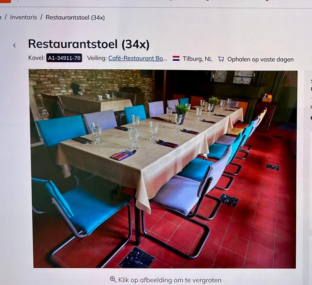 Restaurantstoelen (34x) - Diverse kleuren 10€ per stoel, Ophalen, Gebruikt, Overige kleuren, Metaal