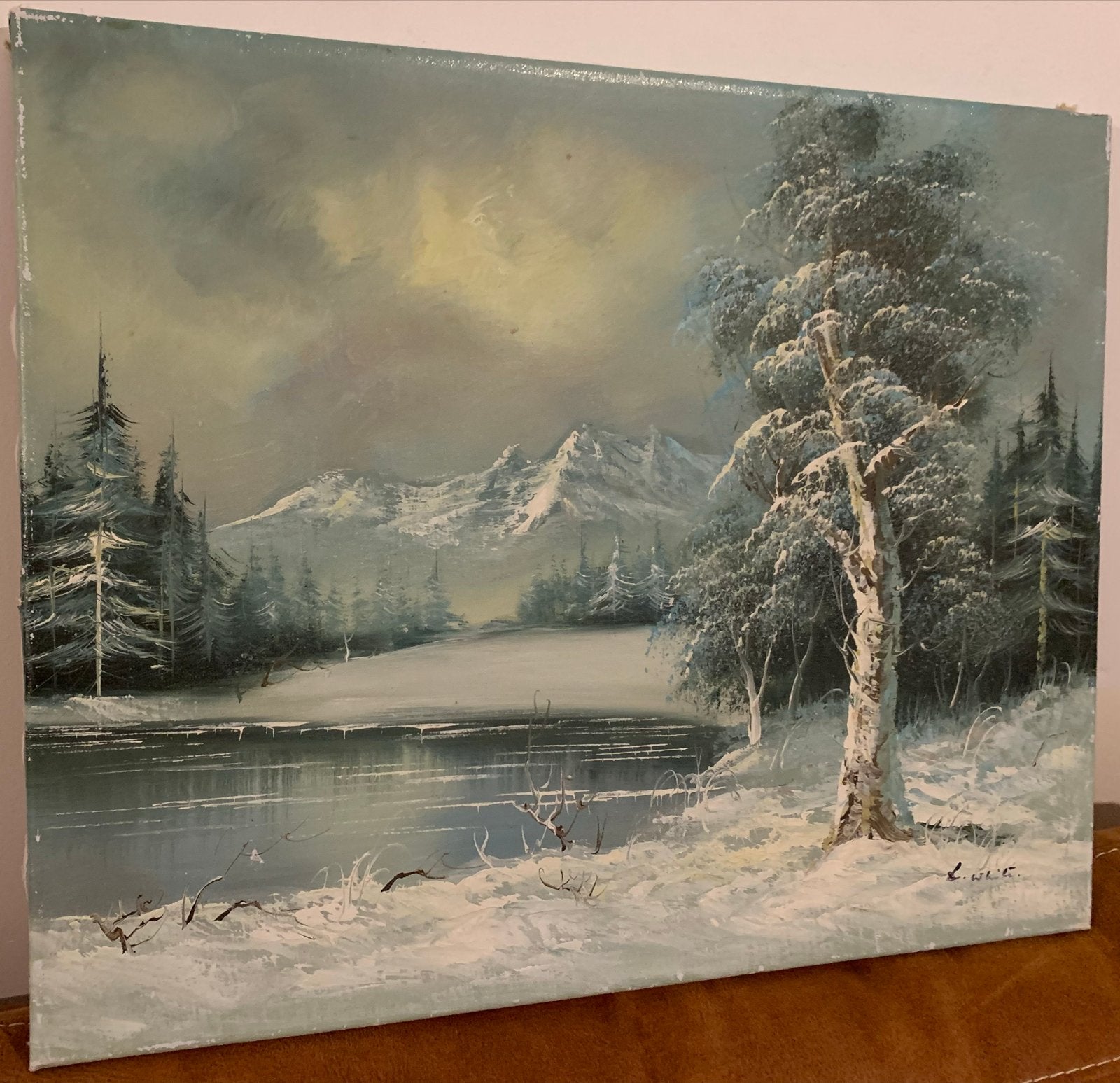 Schilderij Winterlandschap met Bergen en Water, Doek, Realistisch, Ophalen of Verzenden, Gesigneerd
