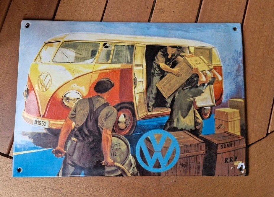 Vintage Volkswagen Emaille Reclamebord - VW Bus, Antiek en Kunst, Ophalen of Verzenden
