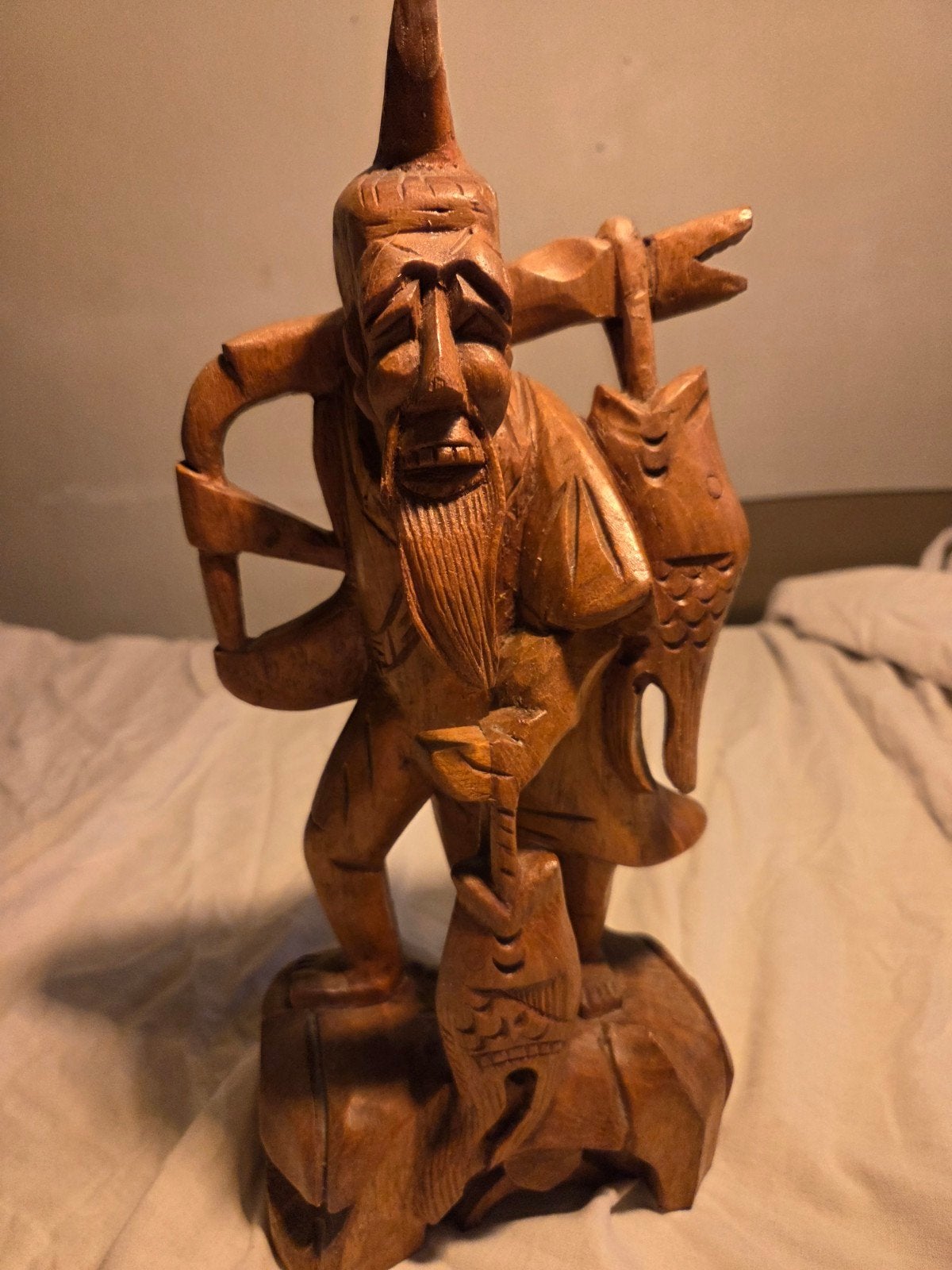 Vintage houten beeld van een chinese visser, Antiek en Kunst, Ophalen of Verzenden