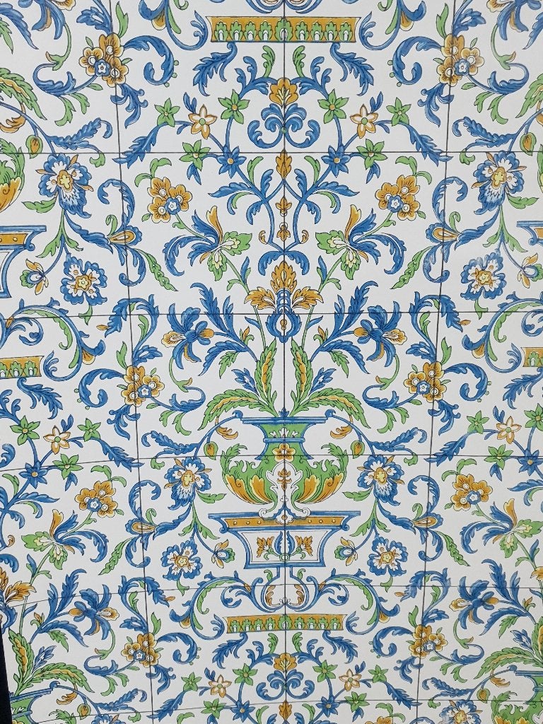 13697 Portugees tegel behang in blauw en geel op wit swiet, Ophalen of Verzenden, Groen