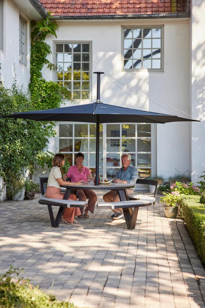 Extremis Pantagruel Gargantua Hopper tafel + Inumbra parasol, Waterstad 23, Rond, Aluminium, Zo goed als nieuw