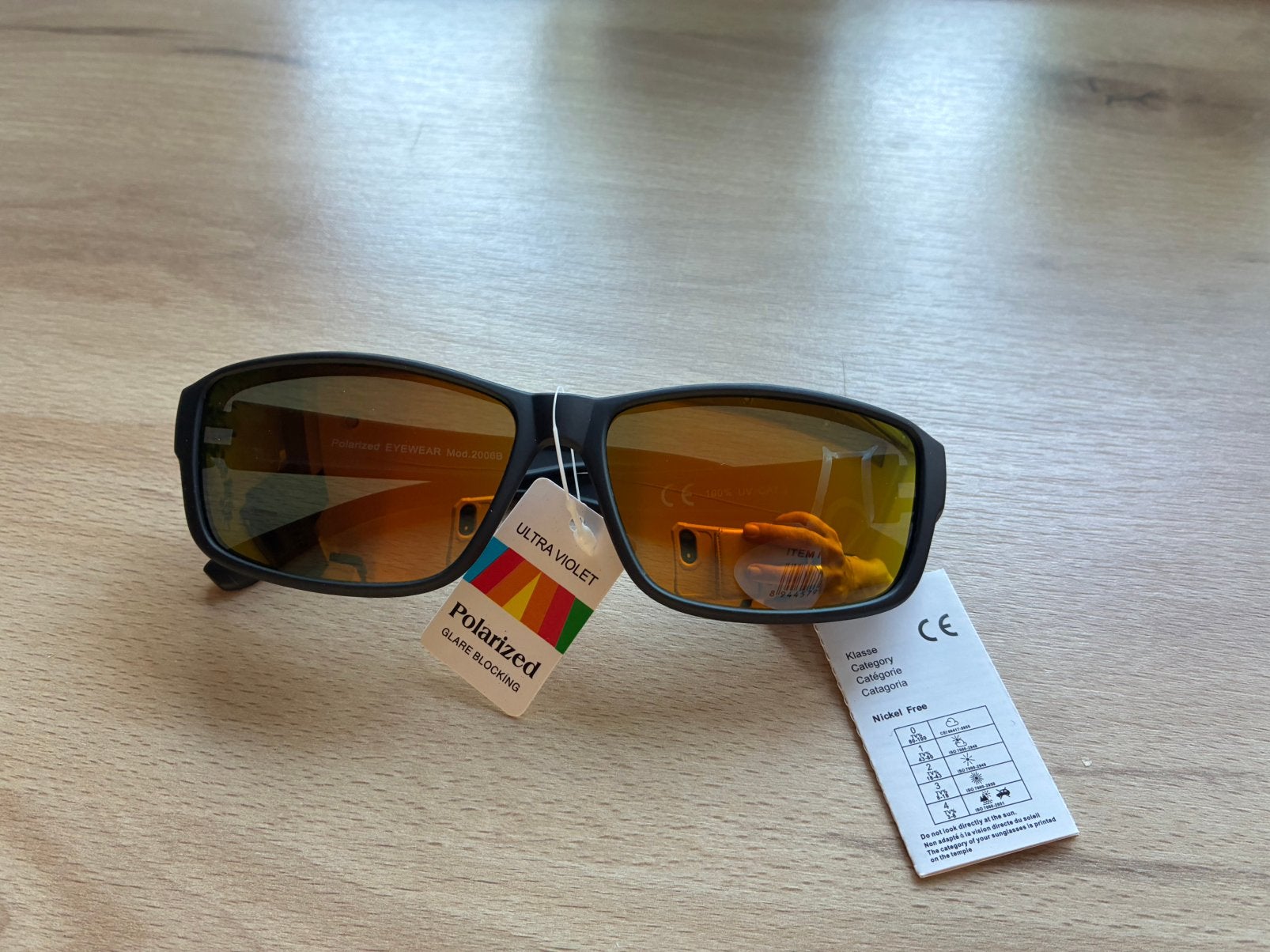 Polariserende overzet zonnebril gele spiegelglazen – UV400, Overige merken, Zonnebril, Zwart, Nieuw