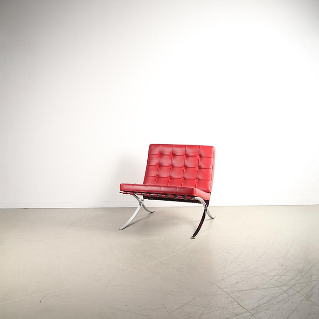 2x Knoll Barcelona Fauteuil Rood Leer – Chroom, Huis en Inrichting, Fauteuils, Niet ingevuld, Niet ingevuld, 75 tot 100 cm, Ophalen of Verzenden