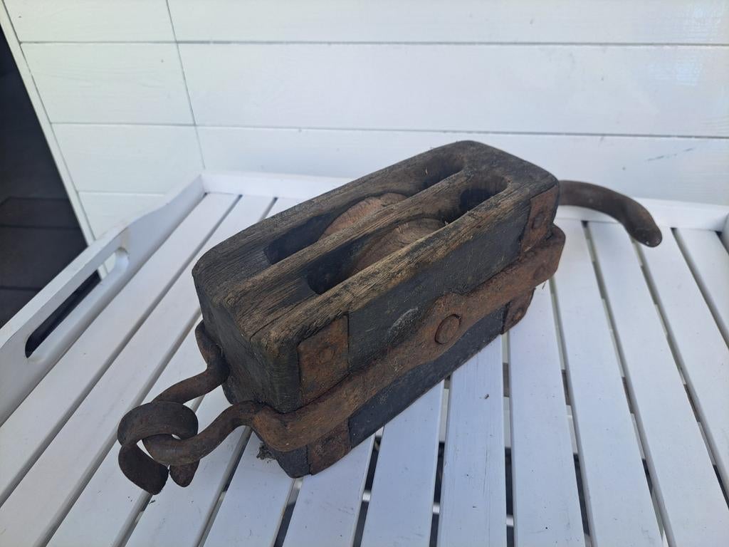 Vintage houten hijsblok met 2 schijven, Ophalen