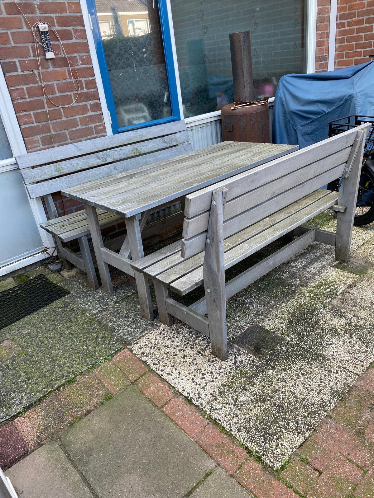 2 banken en 1 tafel, Ophalen, Gebruikt, 6 zitplaatsen, Tuinset