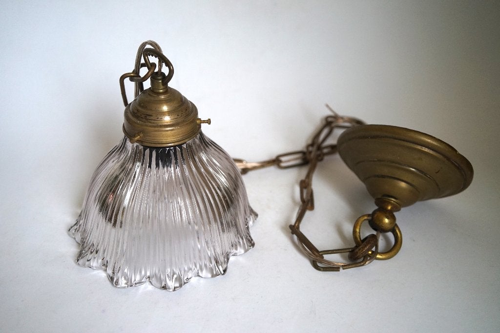 vintage antiek holophane hanglamp glas ribbel stof snoer k., Antiek en Kunst, Ophalen of Verzenden