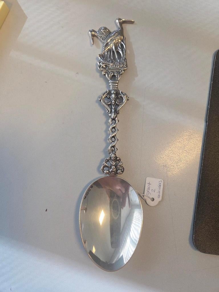 Zilver geboortelepel  dubbel ooievaar, Antiek en Kunst, Antiek | Goud en Zilver, Verzenden, Zilver