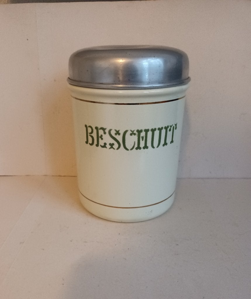 Emaille BK Beschuitbus met groene letters creme beige kleur, Ophalen of Verzenden