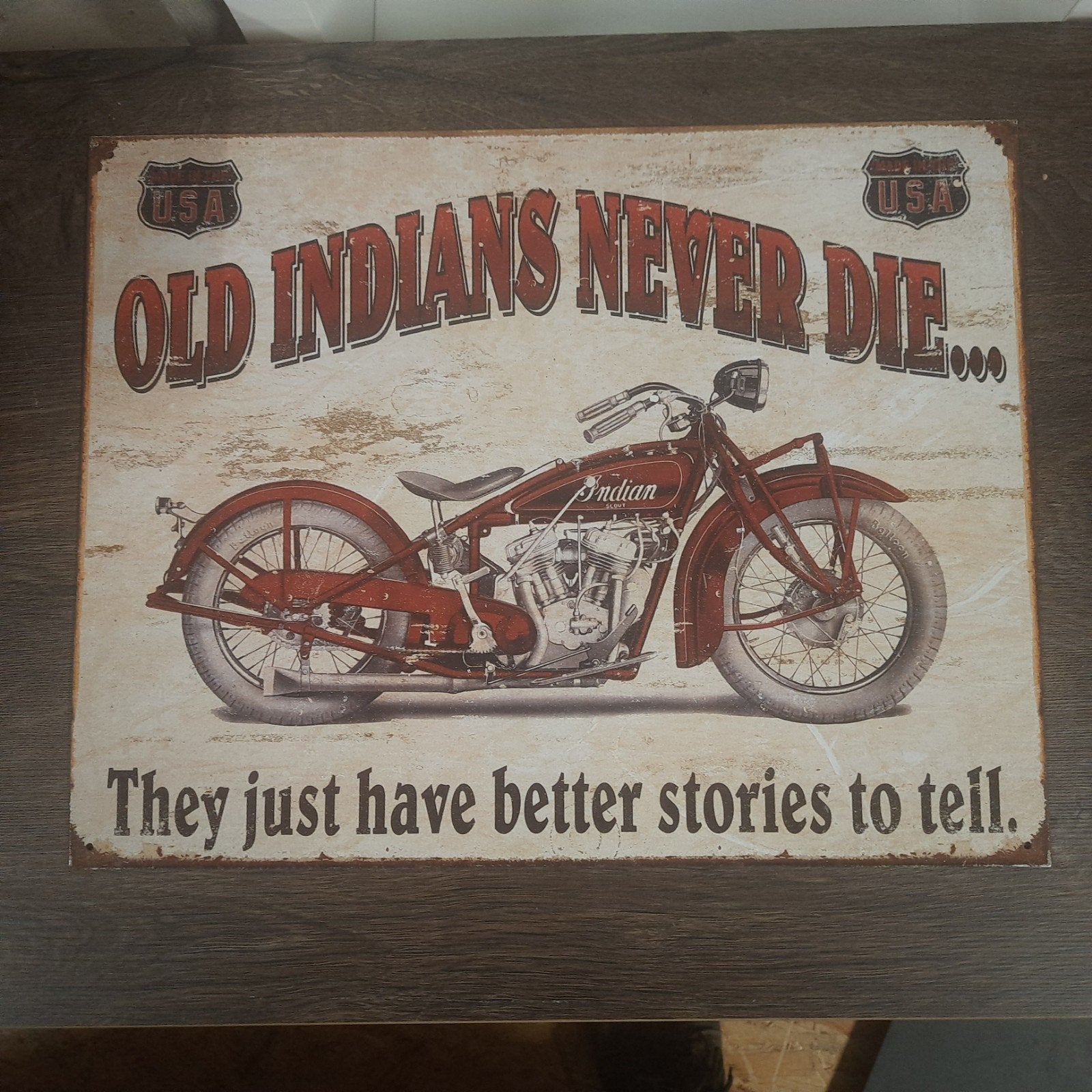Vintage Indian Motorcycle Metalen Bord Old Indians Never D, Ophalen of Verzenden, Gebruikt, Motoren