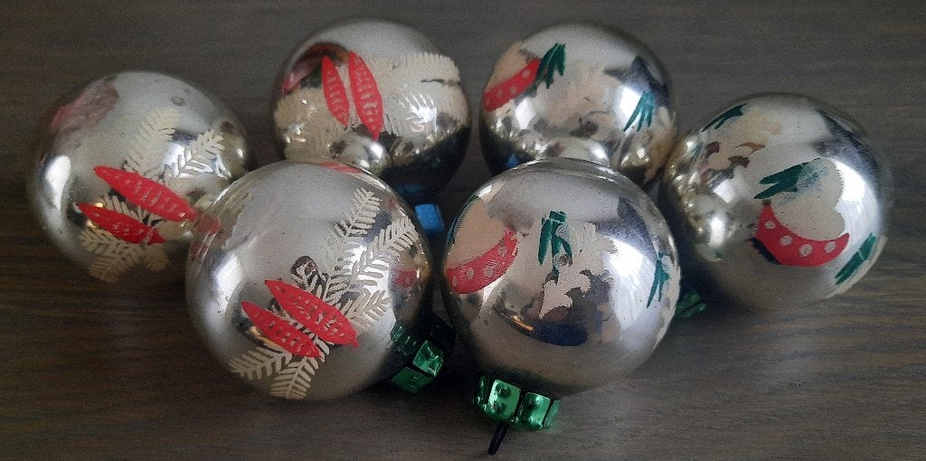 6 oude kerstballen - dennentak en paddestoel, Ophalen of Verzenden, Gebruikt