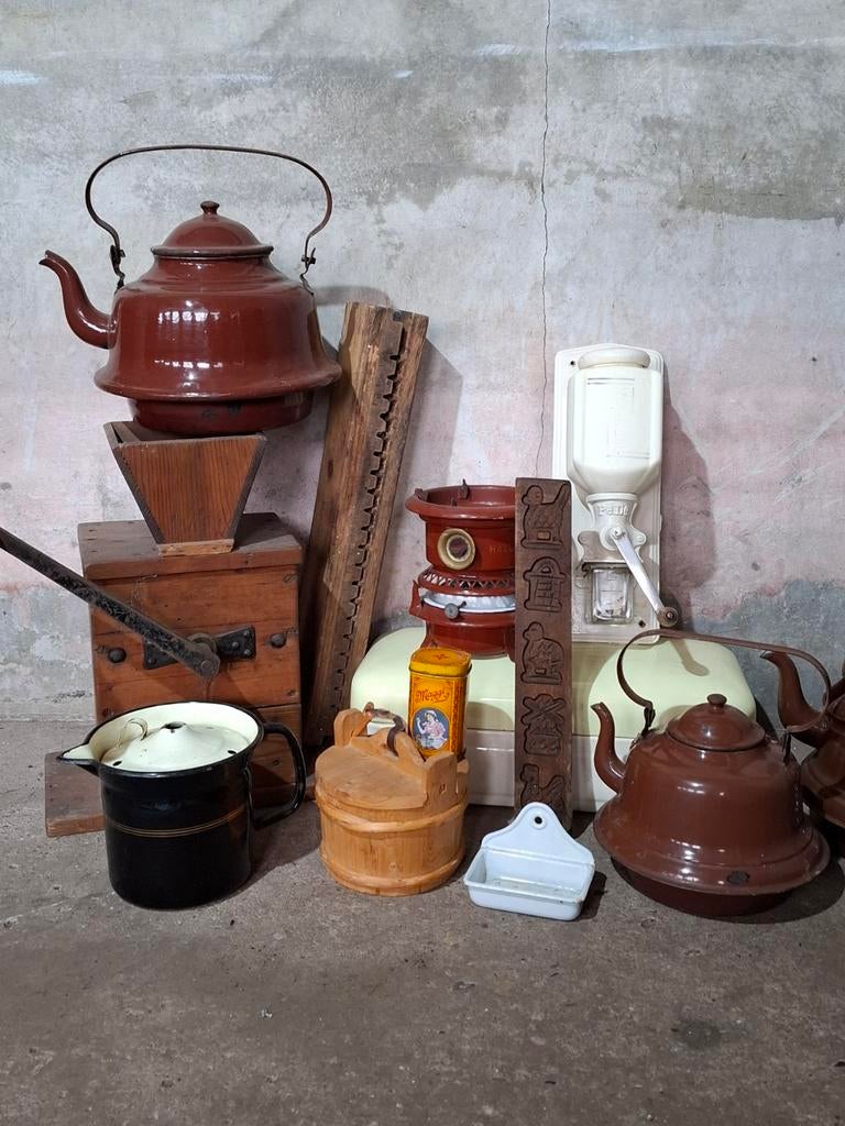 Oud antieke emaille vintage waterkan melkkoker petroleumstel, Ophalen of Verzenden