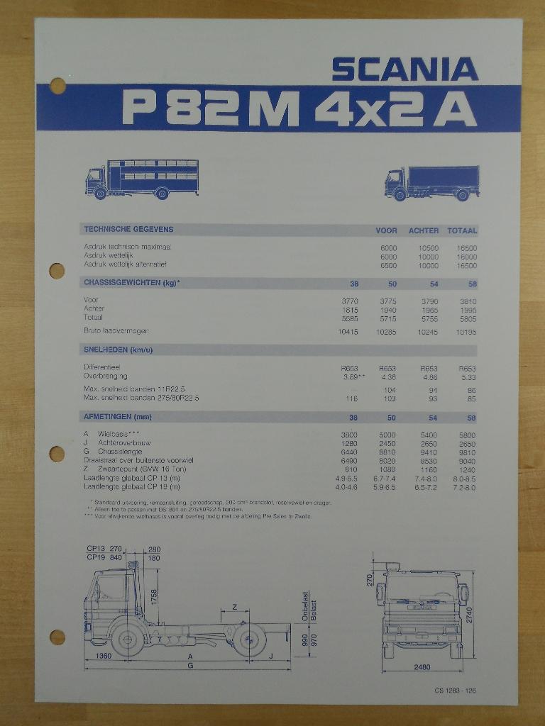 Scania P82 M 4x2 A 1983 Specificatie Brochure P 82, Ophalen, Zo goed als nieuw, Overige merken, Scania