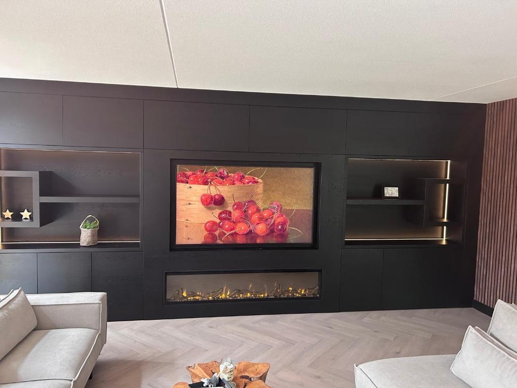 Cinewall / tv wandkast met sfeerhaard op maat zwart eiken, Huis en Inrichting, Kasten | Televisiemeubels, Nieuw, Minder dan 100 cm