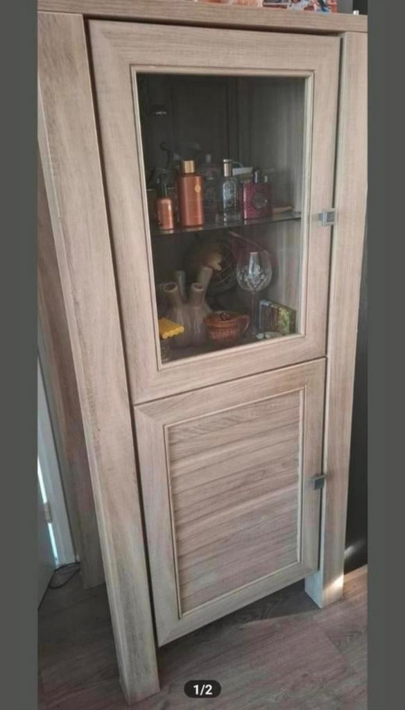 Grijs eiken vitrine kast met verlichting, Ophalen of Verzenden, Zo goed als nieuw, 25 tot 50 cm, 50 tot 100 cm