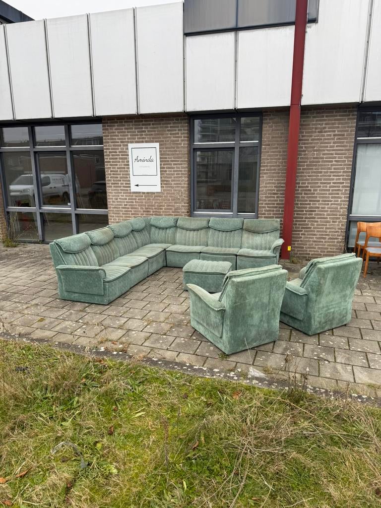 Vintage XL 10-delig modulair bankstel ‘80, 250 tot 300 cm, Gebruikt, Vintage retro buisframe design rotan webbing papercord deens