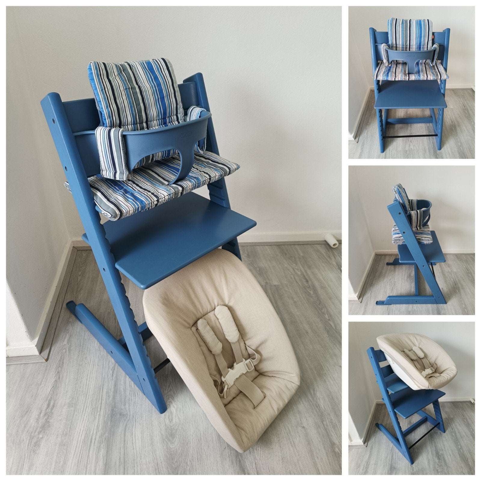 Stokke Tripp Trapp blauw met babyset, kussenset, newbornset, Kinderen en Baby's, Kinderstoelen, Meegroeistoel, Ophalen of Verzenden